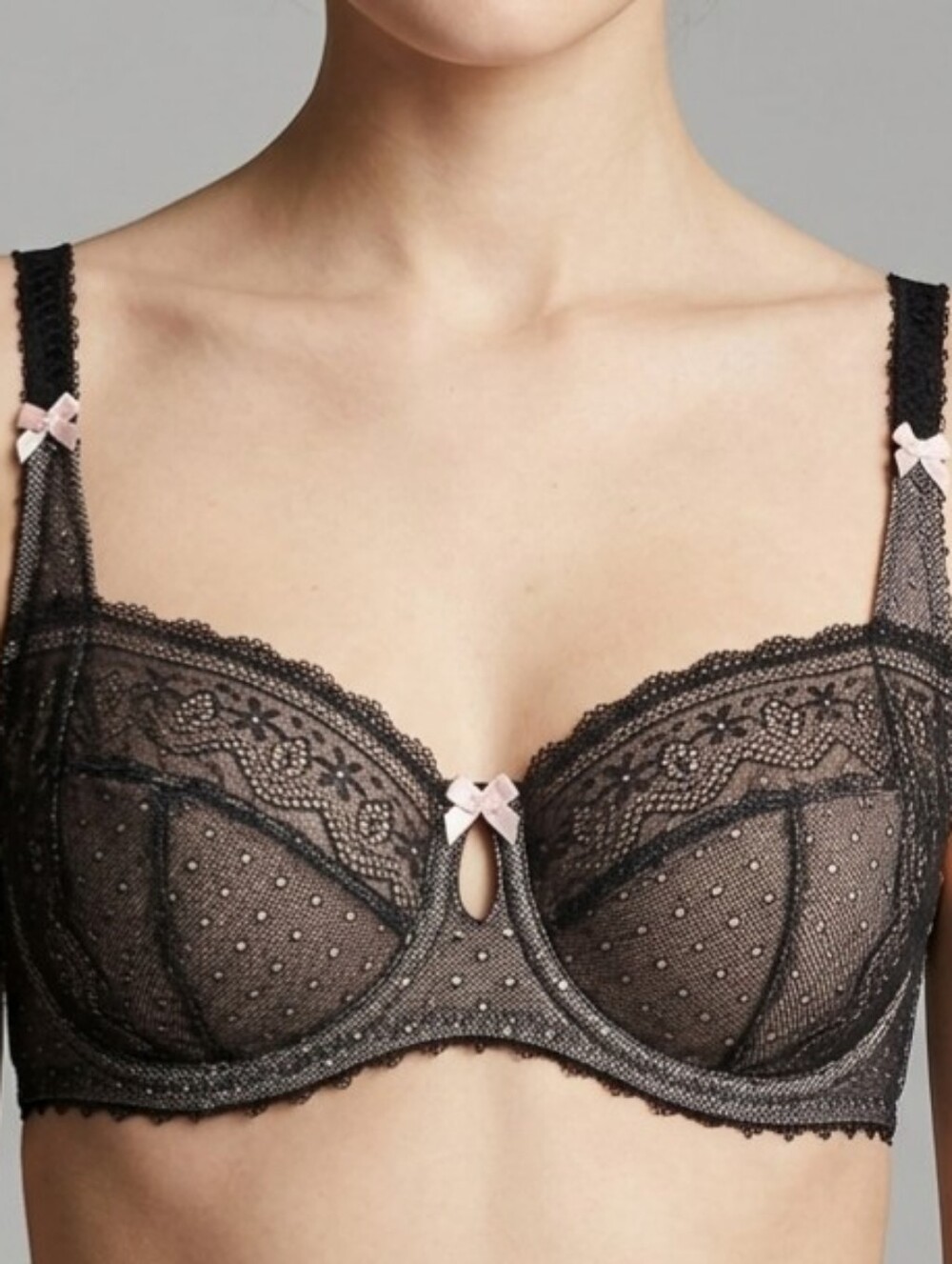 Freya Gem Demi Cup Bra 36F Black  Pink Lace Mesh Sheer Unlined Underwire Bows